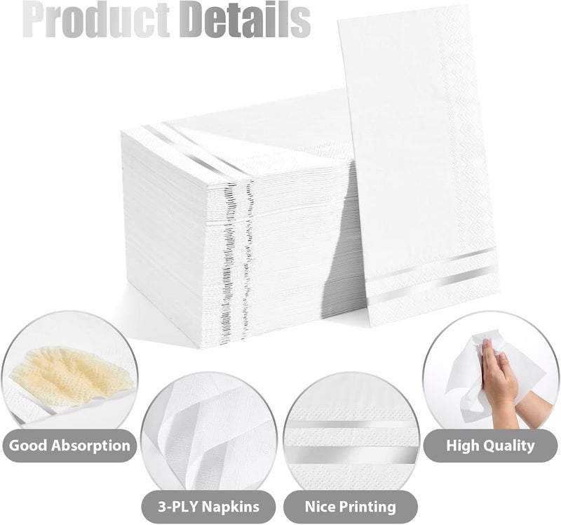 Tamone 100PCS 3-Ply Silver Napkins - White and Silver Napkins Disposable - Premium Quality Dinner Napkins Soft and Absorbent for Wedding Party Birthday - Image 3